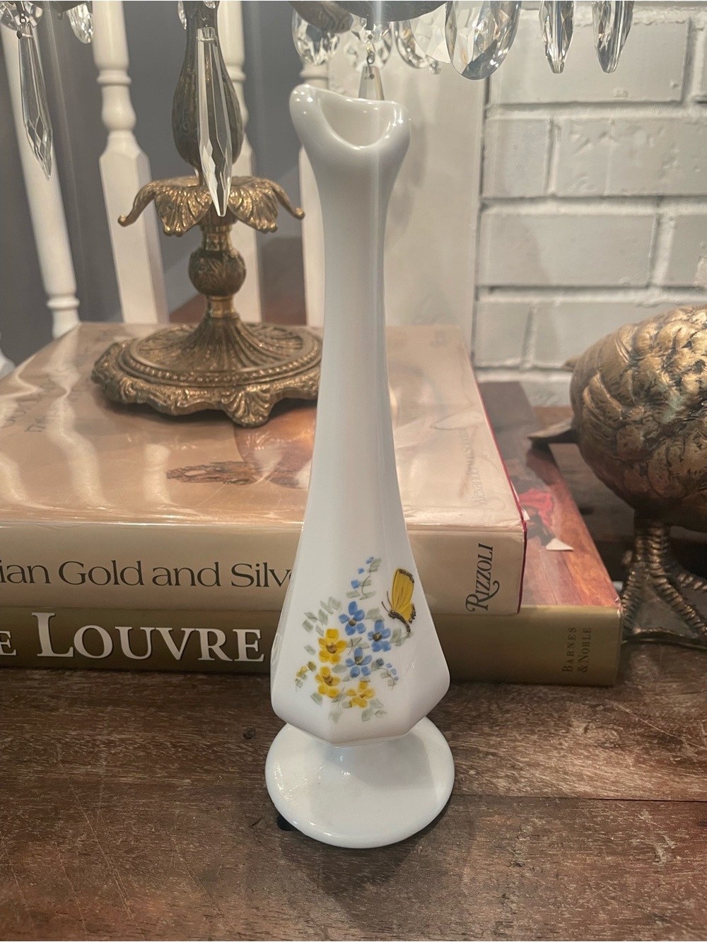 Fenton Swung Milk Glass Bud Vase Yellow Butterfly Flowers Hand Painted Signed